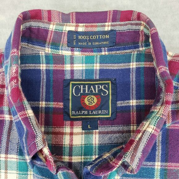 Vintage Ralph‎ Lauren Chaps Flannel Shirt Mens Large Magenta Blue Green Mens 80s - Picture 3 of 5